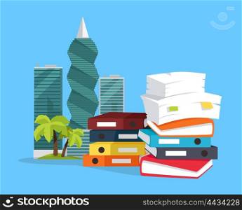Offshore companies, panamanian documents, jornalistic inestigation. Panama papers folder document. Tax haven offshore company business people owners. Taxes are levied at low rate. Vector illustration