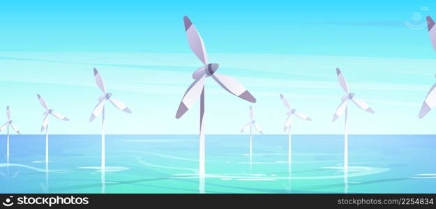 Offshore farm with windmills in water, alternative wind energy generation with turbines in sea or ocean, renewable green sustainable power, save planet environment concept, Cartoon vector illustration. Offshore farm with windmills in water, wind energy