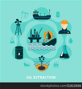 Offshore Oil Extraction Composition. Oil industry flat composition with off-shore petroleum production icons and silhouette images with human character vector illustration