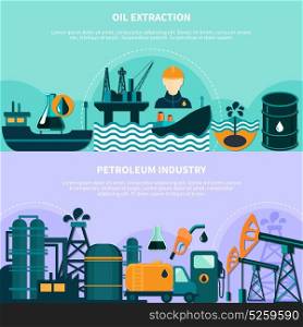 Offshore Petroleum Production Banners. Oil industry horizontal banners set with doodle images of offshore production platform pumping units with text vector illustration