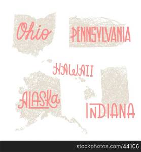 Ohio, Pennsylvania, Hawaii, Alaska, Indiana USA state outline art with custom lettering for prints and crafts. United states of America wall art of individual states