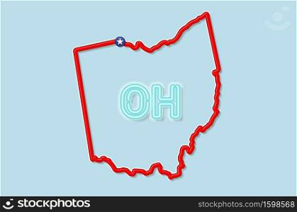 Ohio US state bold outline map. Glossy red border with soft shadow. Two letter state abbreviation. Vector illustration.. Ohio US state bold outline map. Vector illustration