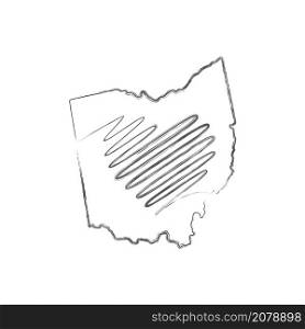 Ohio US state hand drawn pencil sketch outline map with heart shape. Continuous line drawing of patriotic home sign. A love for a small homeland. T-shirt print idea. Vector illustration.. Ohio US state hand drawn pencil sketch outline map with the handwritten heart shape. Vector illustration
