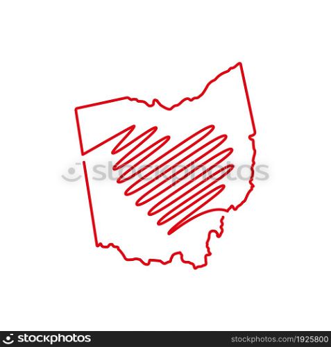 Ohio US state red outline map with the handwritten heart shape. Continuous line drawing of patriotic home sign. A love for a small homeland. T-shirt print idea. Vector illustration.. Ohio US state red outline map with the handwritten heart shape. Vector illustration