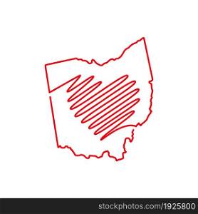 Ohio US state red outline map with the handwritten heart shape. Continuous line drawing of patriotic home sign. A love for a small homeland. T-shirt print idea. Vector illustration.. Ohio US state red outline map with the handwritten heart shape. Vector illustration