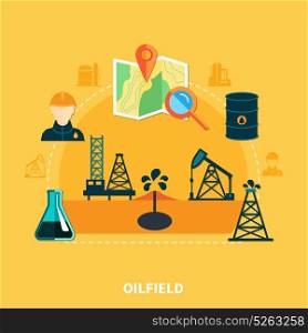 Oil Accumulation Flat Composition. Oil industry composition with set of flat isolated oil well derrick pumping unit and map images vector illustration