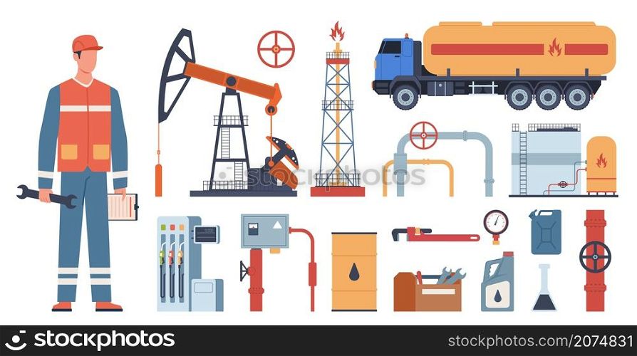 Oil and gas industry. Petroleum extraction equipment. Worker in uniform. Gasoline production technology. Fossil fuel transportation. Isolated tanks or pump. Petrol station. Vector industrial tools set. Oil and gas industry. Petroleum extraction equipment. Worker in uniform. Gasoline production technology. Fuel transportation. Tanks or pump. Petrol station. Vector industrial tools set