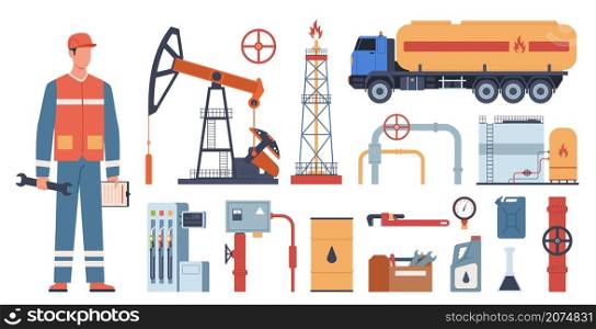 Oil and gas industry. Petroleum extraction equipment. Worker in uniform. Gasoline production technology. Fossil fuel transportation. Isolated tanks or pump. Petrol station. Vector industrial tools set. Oil and gas industry. Petroleum extraction equipment. Worker in uniform. Gasoline production technology. Fuel transportation. Tanks or pump. Petrol station. Vector industrial tools set