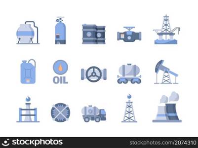 Oil and gas production icons. Nature exploration blue gas oil extraction refinery pipe factory and transporting tanks tower exudes natural energy garish vector symbols. Illustration gas fuel industry. Oil and gas production icons. Nature exploration blue gas oil extraction refinery pipe factory and transporting tanks tower exudes natural energy garish vector symbols