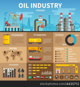 Oil And Petrol Industry Infographics. Oil industry vector infographics with extraction transportation and consumption statistics products of refining information and petrol station illustration