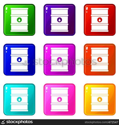 Oil barrel icons of 9 color set isolated vector illustration. Oil barrel icons 9 set