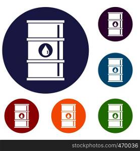 Oil barrel icons set in flat circle reb, blue and green color for web. Oil barrel icons set