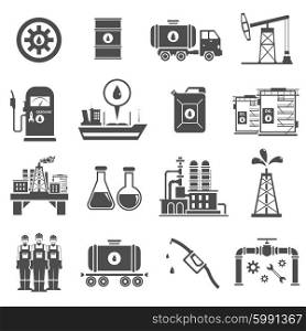 Oil Black White Icons Set . Oil black white icons set with platform shipping and extraction symbols flat isolated vector illustration