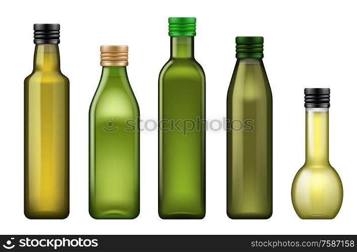 Oil bottle 3d vector templates of food or cooking ingredients design. Olive, sunflower and corn vegetable oil in green glass bottles with metal screw caps, advertising themes. Green glass bottles of olive, sunflower, corn oil