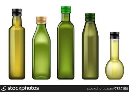 Oil bottle 3d vector templates of food or cooking ingredients design. Olive, sunflower and corn vegetable oil in green glass bottles with metal screw caps, advertising themes. Green glass bottles of olive, sunflower, corn oil