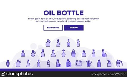 Oil Bottle Package Landing Web Page Header Banner Template Vector. Oil Bottle With Pump And Measuring Scale, Amphora And Classical Form Container Illustrations. Oil Bottle Package Landing Header Vector