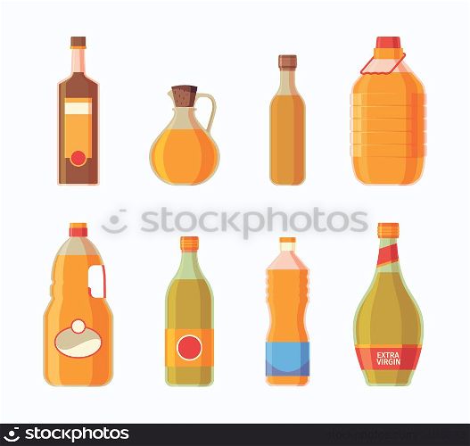 Oil bottles. Yellow ingredients for preparing food cooking products garish vector oil illustrations. Realistic oil isolated bottle collection. Oil bottles. Yellow ingredients for preparing food cooking products garish vector oil illustrations