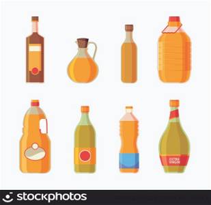 Oil bottles. Yellow ingredients for preparing food cooking products garish vector oil illustrations. Realistic oil isolated bottle collection. Oil bottles. Yellow ingredients for preparing food cooking products garish vector oil illustrations