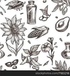 Oil collection of natural ingredients seamless pattern. Exotic avocado, fresh peanut, linen seed, ripe soybean, blooming sunflower, aromatic sesame, olive branch and corn from field monochrome vector illustrations.. Oil collection of natural ingredients seamless pattern.