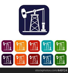 Oil derrick icons set vector illustration in flat style In colors red, blue, green and other. Oil derrick icons set flat