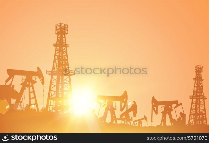 Oil derrick industrial machine for drilling at the sand storm. Vector illustration.