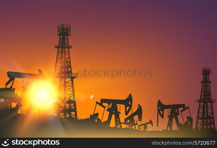 Oil derrick industrial machine for drilling at the sunset. Vector illustration.