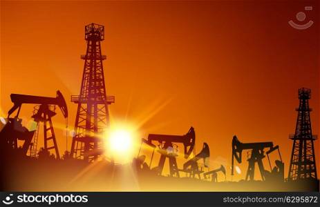 Oil derrick industrial machine for drilling at the sunset. Vector illustration.