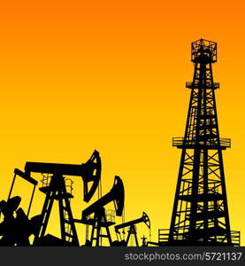 Oil derrick industrial machine for drilling over the sunset. Vector illustration.