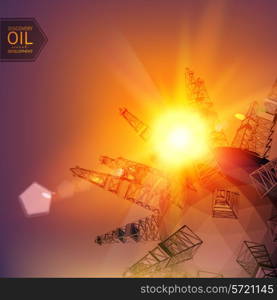 Oil derricks planet over sunset. Vector illustration.