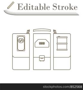 Oil, Dollar And Gold Dividing Briefcase Concept Icon. Editable Stroke Simple Design. Vector Illustration.