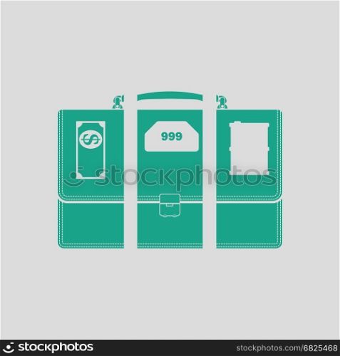Oil, dollar and gold dividing briefcase concept icon. Gray background with green. Vector illustration.