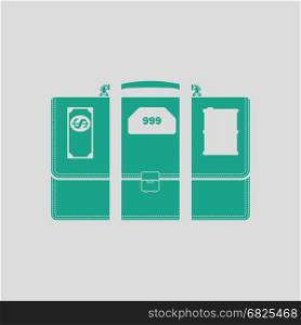 Oil, dollar and gold dividing briefcase concept icon. Gray background with green. Vector illustration.