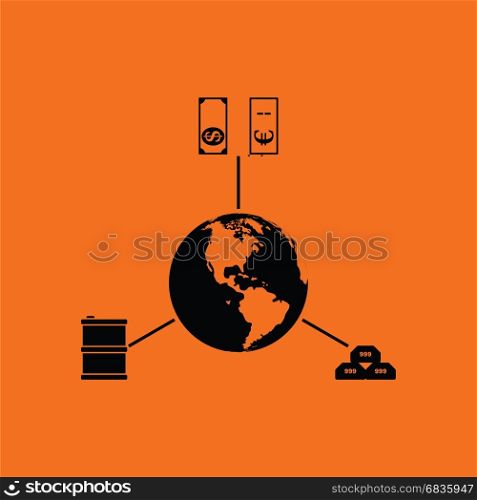 Oil, dollar and gold with planet concept icon. Orange background with black. Vector illustration.