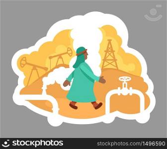 Oil driller 2D vector web banner, poster. Gas extraction, petroleum production. Arabian businessman flat characters on cartoon background. Refinery printable patches, colorful web elements. Oil driller 2D vector web banner, poster