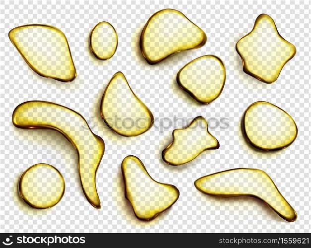 Oil drops, stains of juice or lemonade top view. Yellow liquid droplets of different shapes, honey blobs, syrup spots isolated on transparent background, realistic 3d vector illustration, icons set. Oil drops, stains of juice or lemonade top view