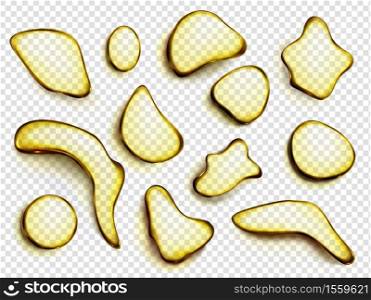 Oil drops, stains of juice or lemonade top view. Yellow liquid droplets of different shapes, honey blobs, syrup spots isolated on transparent background, realistic 3d vector illustration, icons set. Oil drops, stains of juice or lemonade top view