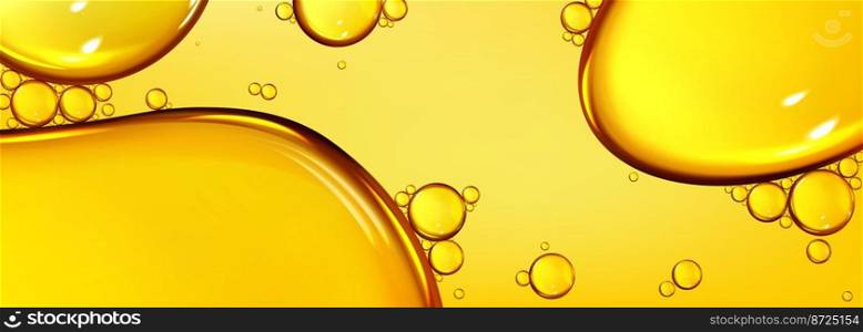Oil drops texture, omega bubbles, gold liquid skincare, essential droplets. Background with transparent yellow dribs of different shapes. Realistic 3d vector honey, syrup or juice blobs top view. Oil drops texture, omega bubbles, gold liquid