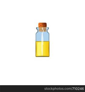 Oil empty phial with yellow liquid and cork, tranparent icy-white vial, scent bottle, medicine bottle, jar. For drugs, pills, medicine, aromatherapy, cosmetics, perfume, Flask copy space. Oil empty phial with yellow liquid and cork, tranparent icy-white vial, scent bottle, medicine bottle