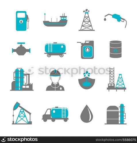 Oil extraction gas production transportation and distribution pictograms collection with industrial complex petroleum pump isolated vector illustration