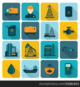 Oil extraction refining and petroleum production industry with tanker transportation ship symbols icons set flat vector illustration