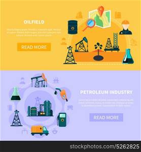 Oil Field Banners Collection. Set of two oil industry horizontal banners with flat image compositions text and read more button vector illustration