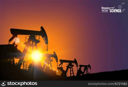 Oil field over sunset. Vector illustration.