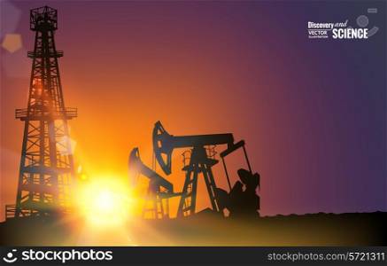 Oil field over sunset. Vector illustration.