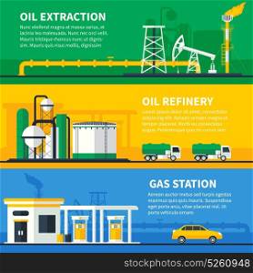 Oil Gas Banners Set. Three horizontal oil and gas industry colorful banners set with flat powerplant transfer fuel station compositions vector illustration
