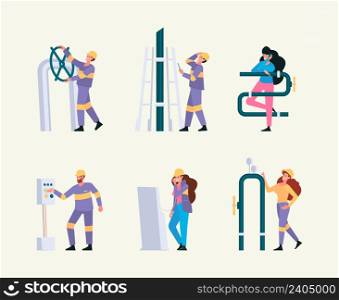 Oil gas industry. Engineer workers diversity professional pipe industrial service characters garish vector flat illustrations stylized concept. Industrial worker and professional engineer. Oil gas industry. Engineer workers diversity professional pipe industrial service characters garish vector flat illustrations stylized concept