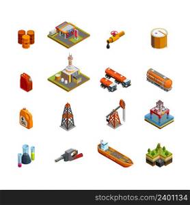 Oil gas industry isometric icons set with offshore platform drilling rig and tanker vessel isolated vector illustration . Oil Industry Isometric Icons Set