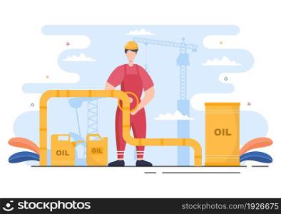 Oil Gas Industry Vector Illustration. Crude Extraction, Refinery Plant, Drilling, Gas Station, Tank use Pipe and Delivery of Fuel by Truck Transportation
