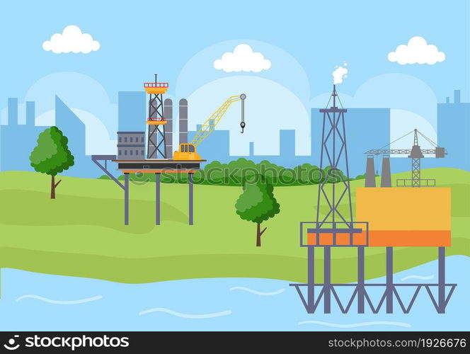 Oil Gas Industry Vector Illustration. Crude Extraction, Refinery Plant, Drilling, Gas Station, Tank use Pipe and Delivery of Fuel by Truck Transportation