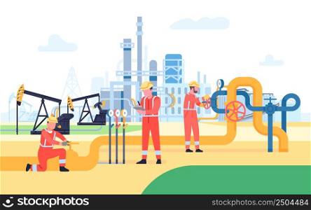 Oil gas workers. Flat petroleum pipeline engineers. Factory work people. Energy resources. Rigs and pumps. Fossil resource processing. Fuel products industry. Petrol production workers. Vector concept. Oil gas workers. Petroleum pipeline engineers. Factory work people. Energy resources. Rigs and pumps. Fossil resource. Fuel products industry. Petrol production workers. Vector concept