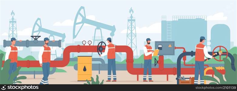 Oil gas workers. Petroleum engineers characters control operation of fossil fuels pipeline. Men in uniform carry pipe fragment and regulate valves. Industrial construction. Oilman job. Vector concept. Oil gas workers. Petroleum engineers control operation of fuels pipeline. Men in uniform carry pipe fragment and regulate valves. Industrial construction. Oilman job. Vector concept
